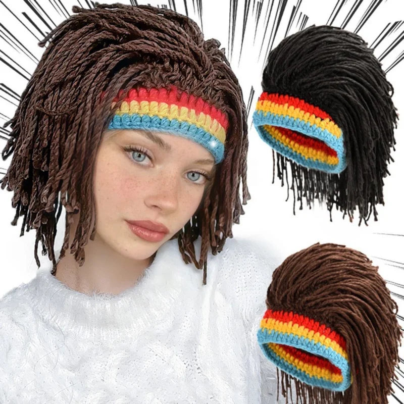 Gorro unisex de peluca sintética, trenzas falsas, rastas, gorro de punto de ganchillo hecho a mano, gorro de Rasta Jamaica, accesorios para fiesta de cosplay