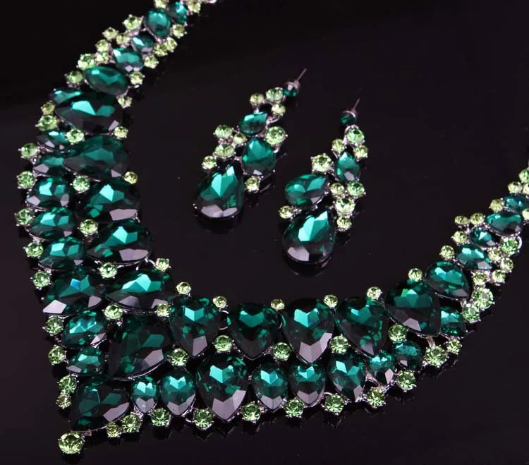Luxury Super Shiny Colored Gems Crystal Jewelry Set Trendy Necklace Earring Women Wedding Bridesmaid Accessories Gift Wholesale