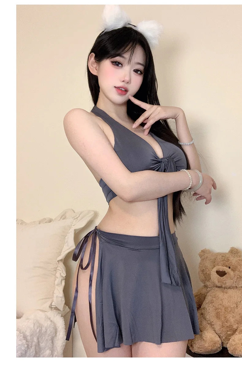 Sexy Skirts Sets For Women Backless Tank Tops With Slit Side Bandage Mini Skirts Woman Clothing Night Wear Allure Outfits