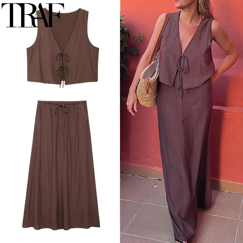 TRAF Skirt Two Piece Set Tied Sleeveless Vest Top High Waist Women's Midi Skirt Summer Waistcoat Long Skirt And Top Set Women