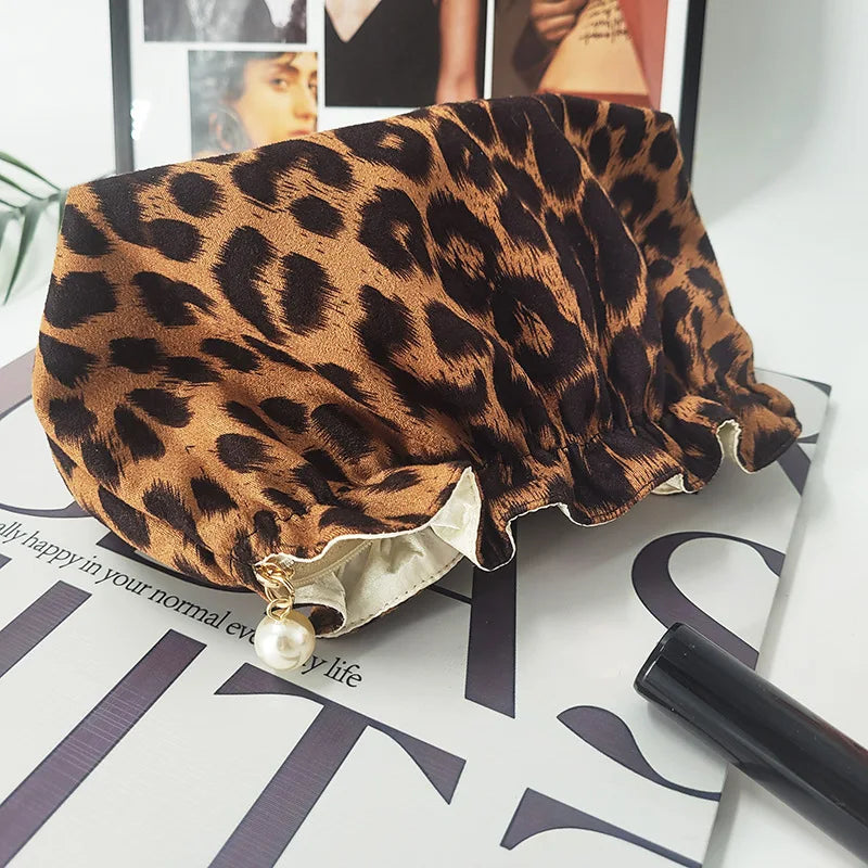 Bolso de Maquillaje de Perlas con Cremallera para Mujer, Neceser de Viaje de Gran Capacidad, Bolsas de Maquillaje con Estampado de Leopardo para Damas, Regalo
