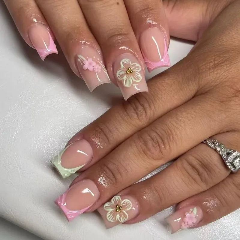 24Pcs Short Square French Nail Tips 3D Embossed Flower Decoration Removable Wearable Press on Nails for Women Girls DIY Manicure