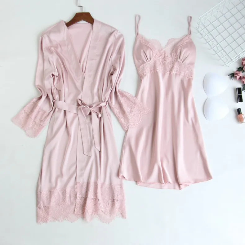 Pijama de cinco piezas para mujer, ropa de dormir para primavera y verano, camisón, bata de baño sexy de encaje, bata de satén de seda suelta para el hogar, ropa de estar en casa