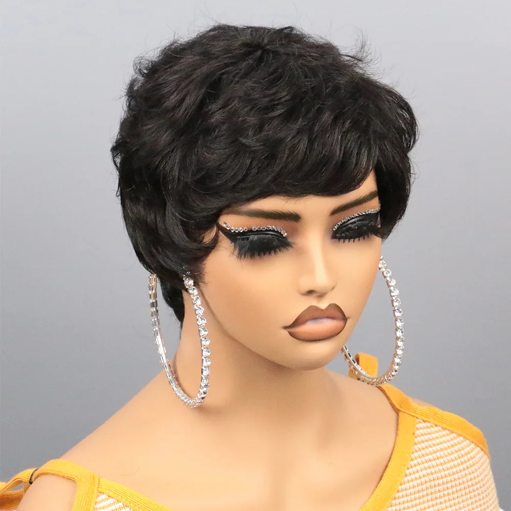 Peluca Bob Corto de Cabello Humano para Mujeres Negras, Pelucas Pixie Cut de Cabello Humano, Peluca Sin Pegamento, Peluca Sin Encaje Frontal con Flequillo, Negro Natural