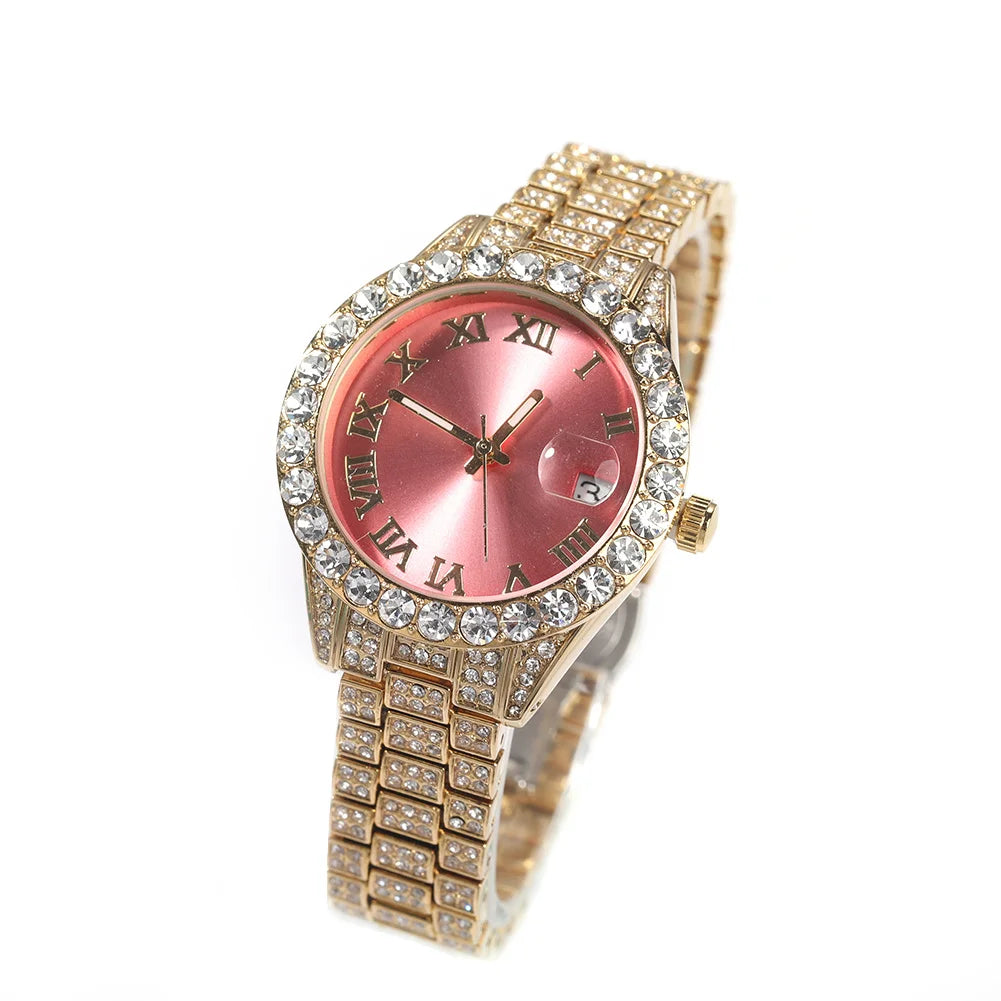Uwin Women's Watch Baby Pink Iced Out Quartz Clock Small Dial Luxury Rhinestone Waterproof Wrist Watch Small Size For Women