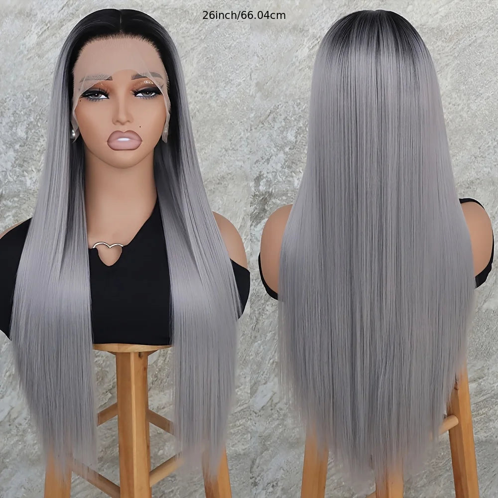 Dark Roots Gray Color Lace Front Wig 13x4 Free Part Long Straight Hair Synthetic Wigs Ombre Grey Pre Plucked Hairline Heat Safe
