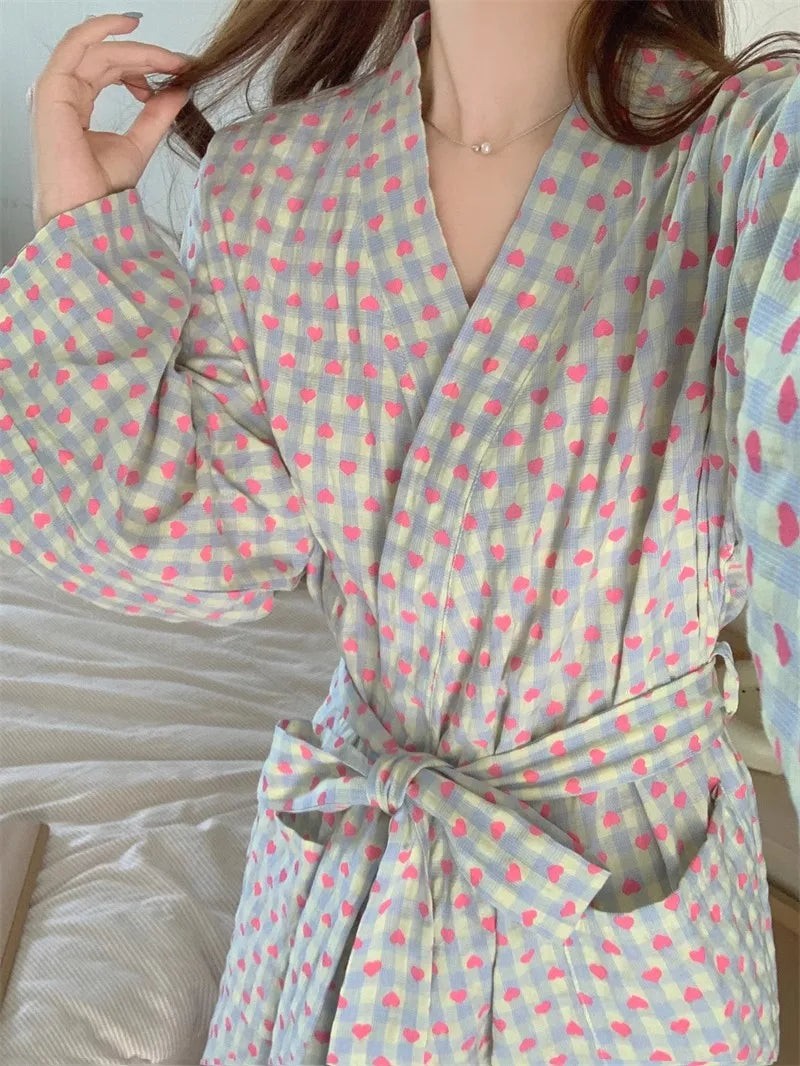 Bata de baño para mujer, estilo kimono largo y holgado, con cuello en V, cordones, pantalones a cuadros, bata de dormir sexy para mujer/niña.