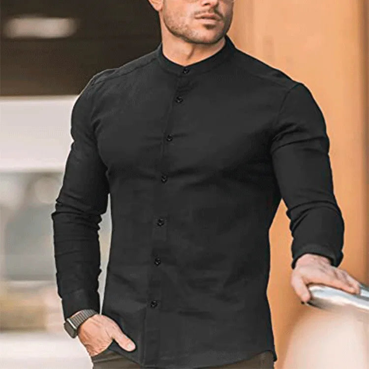 Men's  Casual Shirt Slim Fit Micro-elastic Long Sleeve Comfortable Versatile Stand Collar Tops Camisas  Men Dress Shirt