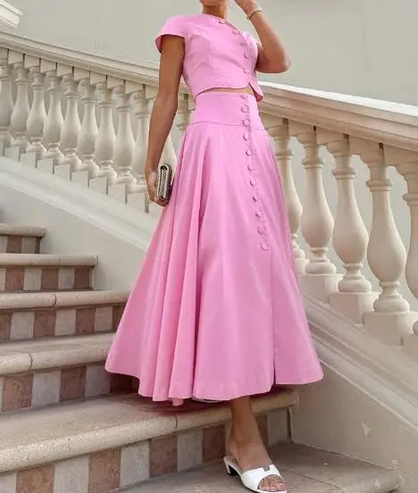 Skirts Sets Summer Sweet Pink Cotton High Waist V-Neck Skirt Set Fashion Women's Two Piece Set New Fashion Skirts Outfits