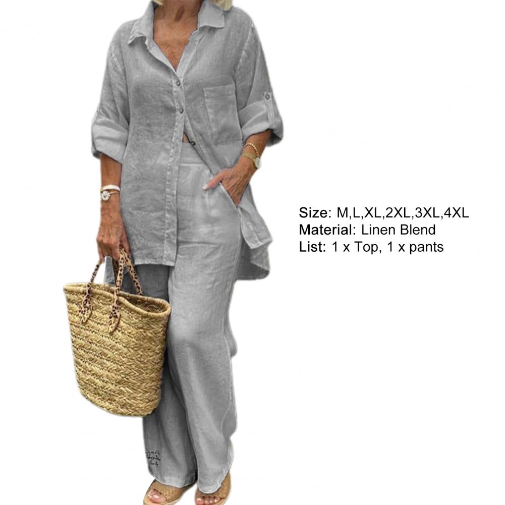 Women Pants Blouse Set Long Sleeve Solid Color Single-breasted Turn-down Collar Shirt Wide Leg Pants Suit Shirt Trousers Set