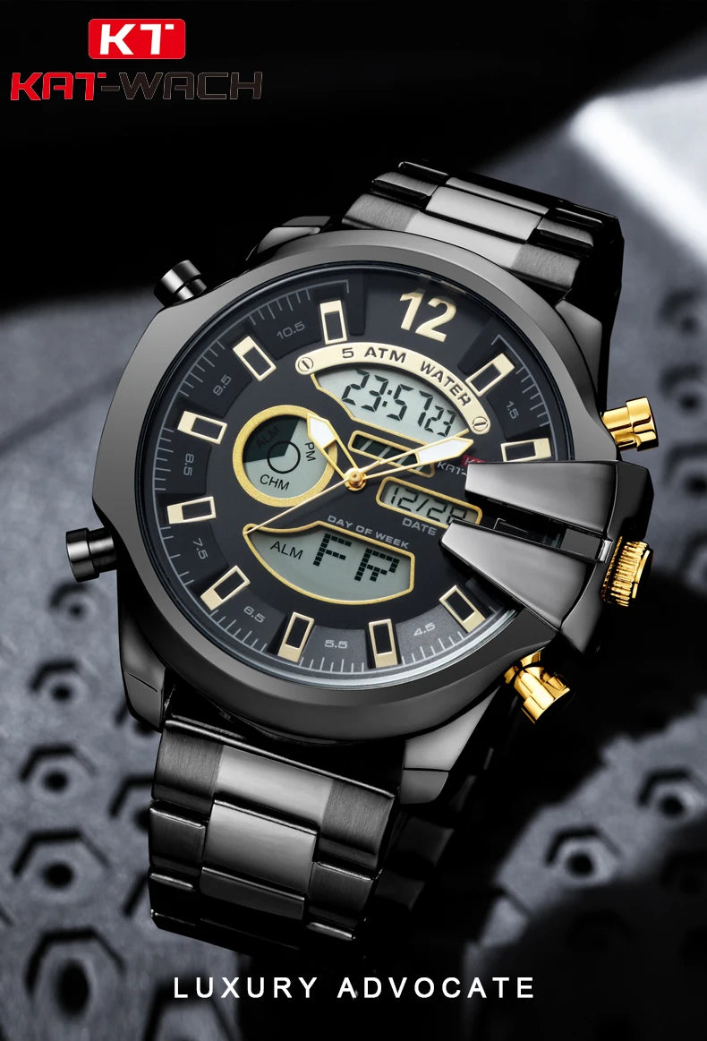 KAT-WACH Men Big Dial Wrist Watches Gold Top Brand Luxury Male Clock 2024 Gold Black Quartz Dual Display Chronograph Dropship