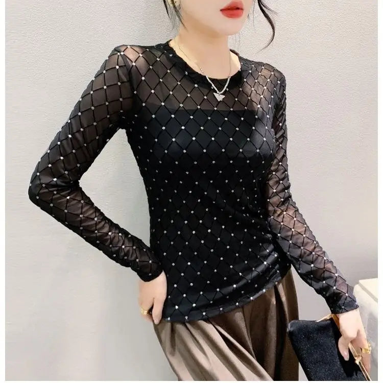 Women Clothing Spring Autumn Korean Fashion Sexy See Through Mesh Rhinestone Basic T Shirt Elegant O Neck Long Sleeve Slim Tops