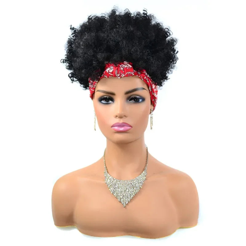 Fluffy Headband Wigs for Black Women Short Afro Kinky Curly Headwrap Wig High Temperature Natural Synthetic Headband Scarf Wig