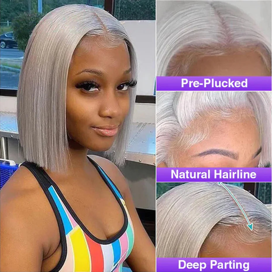 Silver Grey Bob Wigs Human Hair 13x6 HD Lace Frontal Wig Vietnamese Raw Short Straight Blunt Cut 613 Lace Frontal Wigs for Women