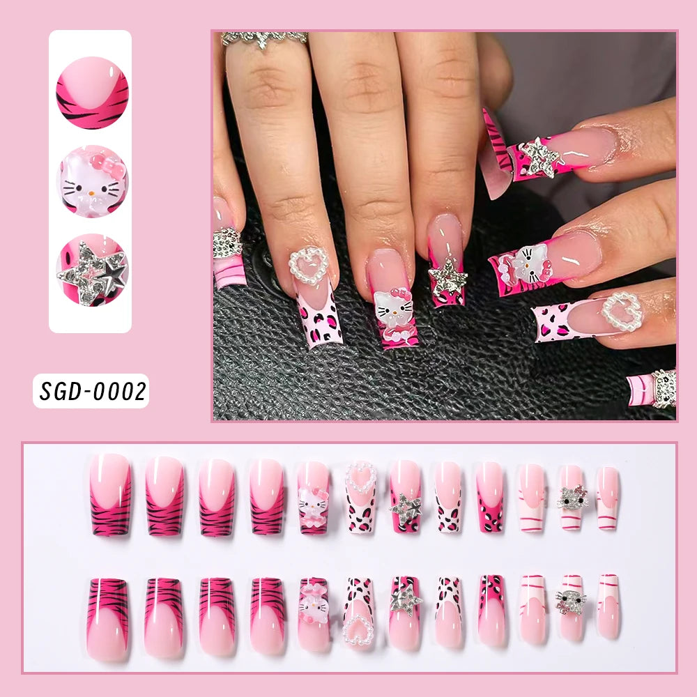 24pcs 3D Hello Kitty Heart Bow False Nails Pink-White French Press on Nails Medium Square Fake Nails for Daily/Party/Gathering *