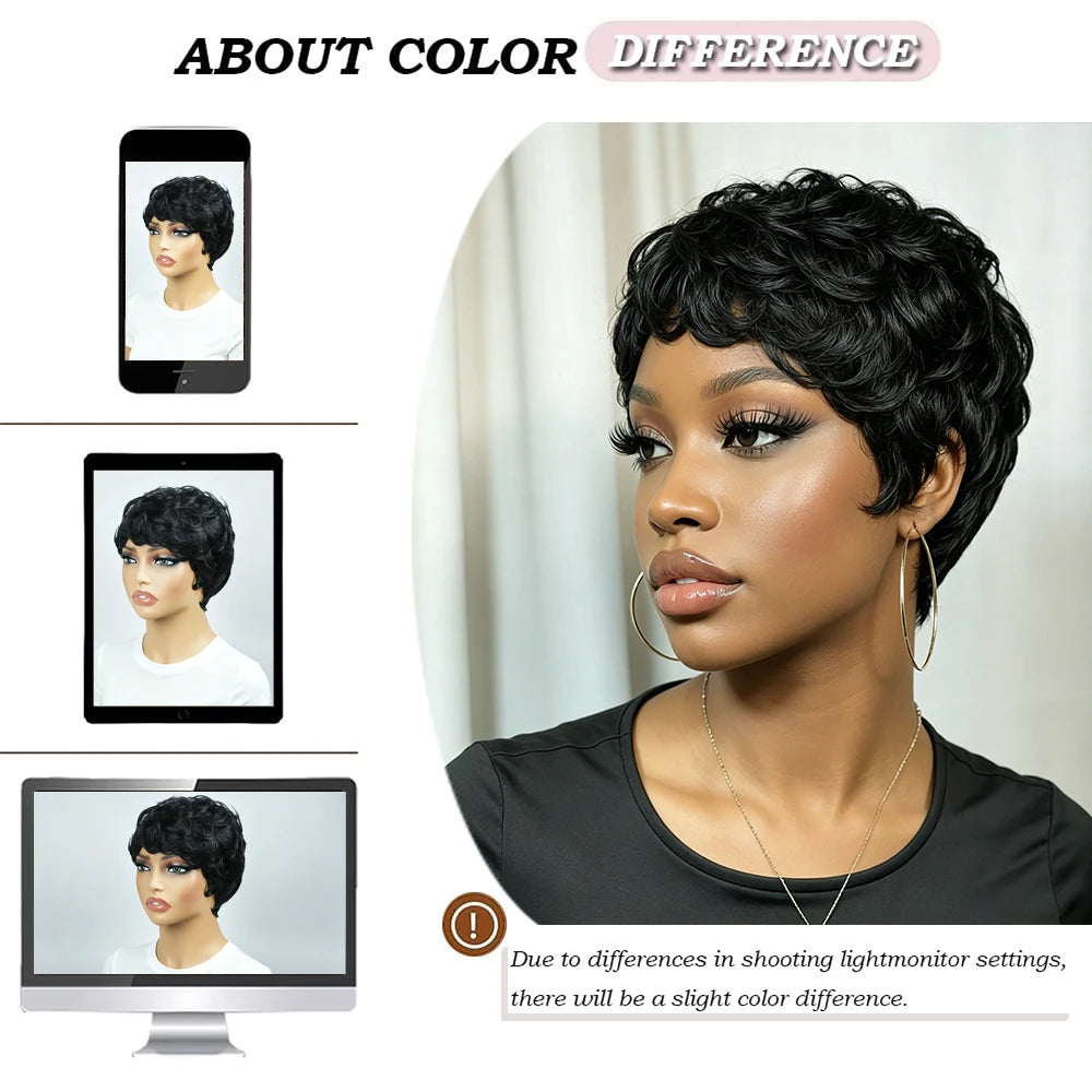 Short Black Curly Pixie Cut Brazilian virgin Human Hair Wigs with Bangs,  Natural Black Layered Wavy Wigs with Fringe, Full Machine Made,  Daily/Party Wear