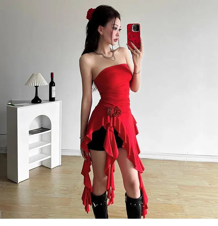 Women Bustier Tops Irregular 3D Roses Ruffle Slim Aesthetic Summer Chic Streetwear Tops Solid Red Womenswear Black White Sexy