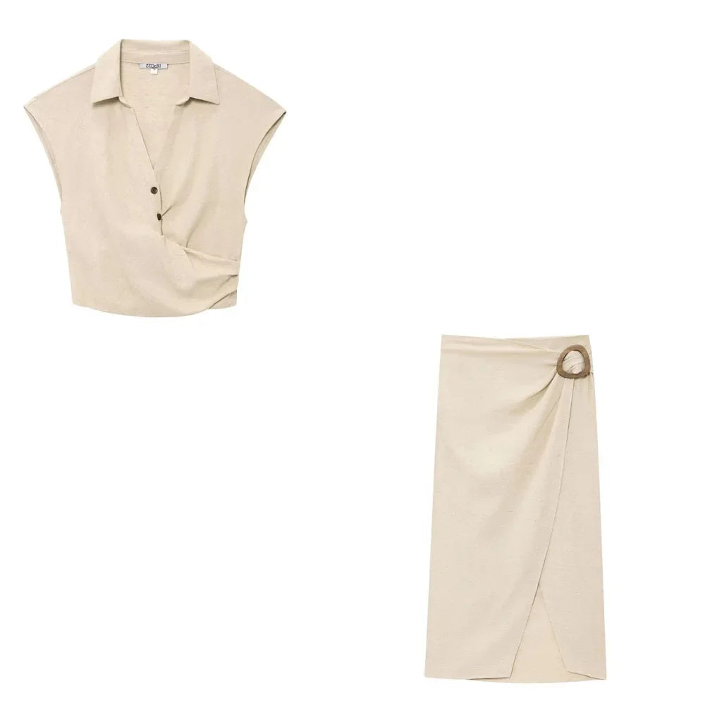 New Women's Suit Summer Suit Casual Simple Multifunctional Pleated Lapel Sleeveless Short Top Paired with Buckle Slit Skirt