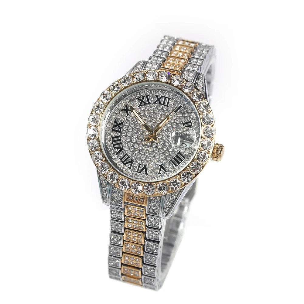 Uwin Women's Watch Baby Pink Iced Out Quartz Clock Small Dial Luxury Rhinestone Waterproof Wrist Watch Small Size For Women