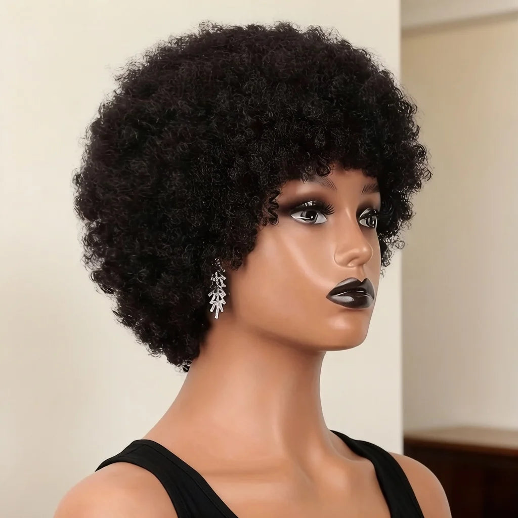 Peluca de Pelo Humano con Corte Pixie Corto, 150% de Densidad, Afro Kinky Rizado, Hecha a Máquina, Esponjosa, Negra Natural, Para Mujeres