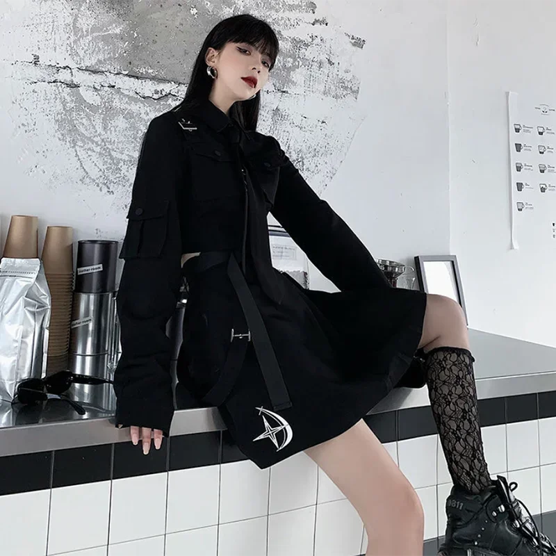 Women Two-Piece Skirt Spring Oversize 4XL Black Punk Chain Ribbon Skirts Ladies Suit Female Dress Sets Harajuku Streetwear