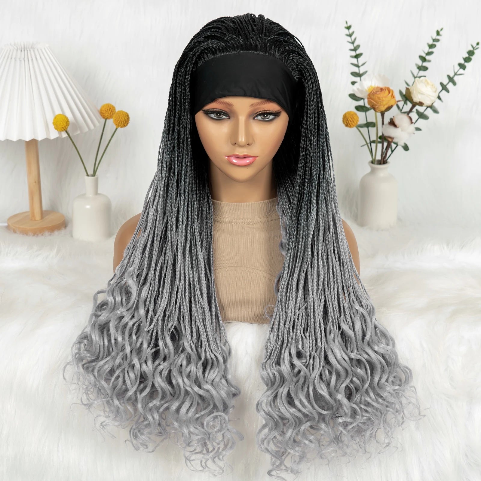 Silk Headband Wig Braided Wigs with Curly Ends Headband Wigs Knotless Braided Wig Easy to Wear for Black Women