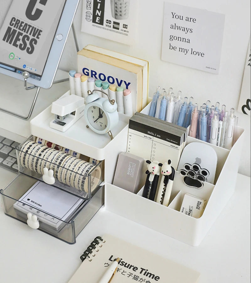 Desktop Transparent Cosmetics Storage Box Desktop Organizer with Drawers Pen Holder Stationary Storage Rack for Office Desks