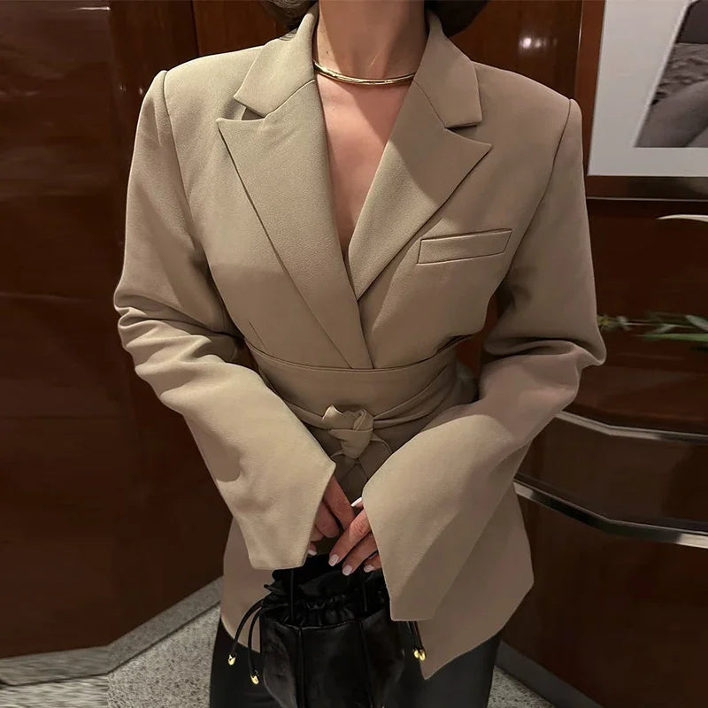 Elegant Trousers Suit Women Slim V-neck Pockets Blazer Full Sleeve Belt Straight Pants Sets Female Solid Sets Lady Spring Autumn