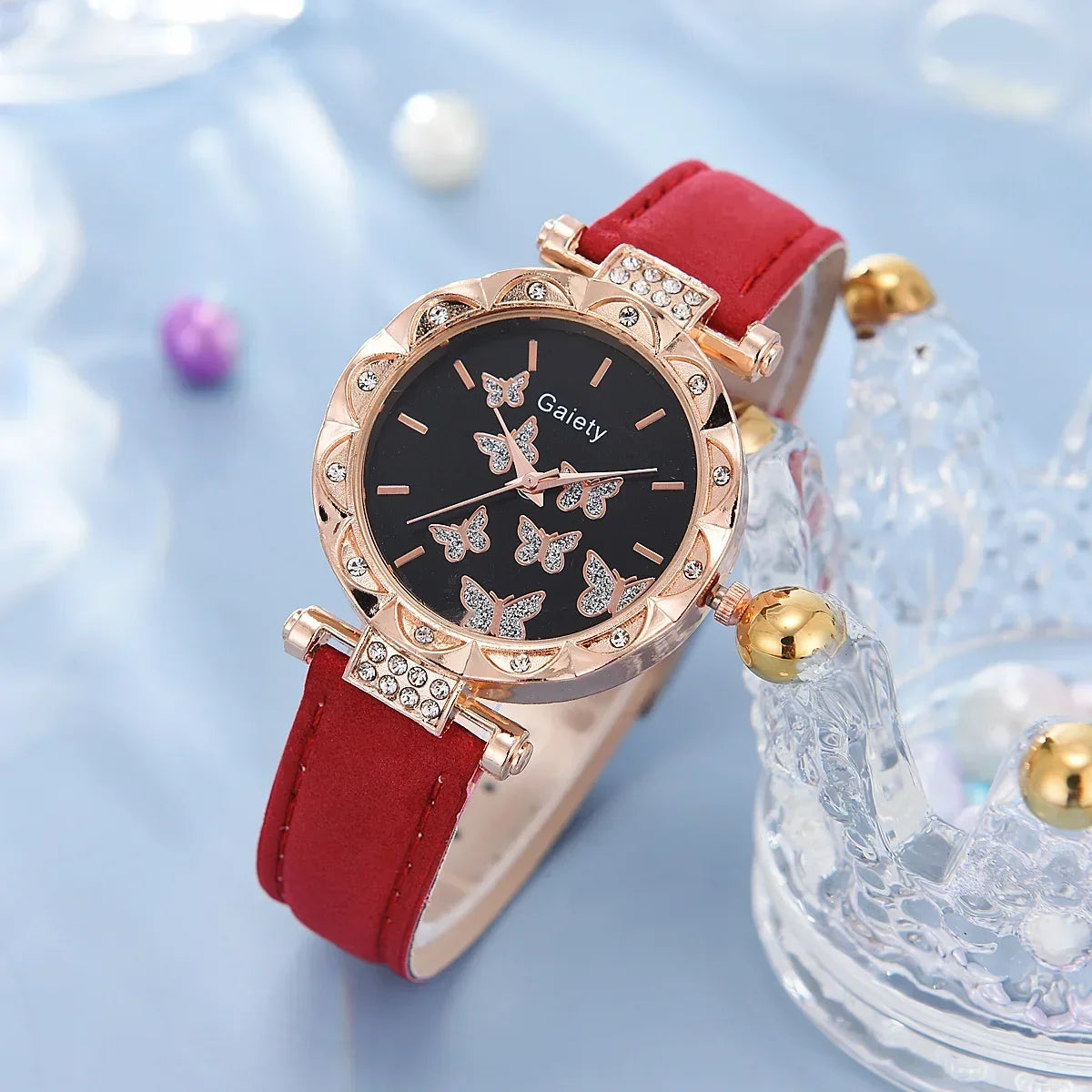 Conjunto de Reloj, Anillo, Collar, Pendientes y Pulsera para Mujer Relojes de Mariposa con Correa de Cuero reloj de señora relogios feminino reloj mujer