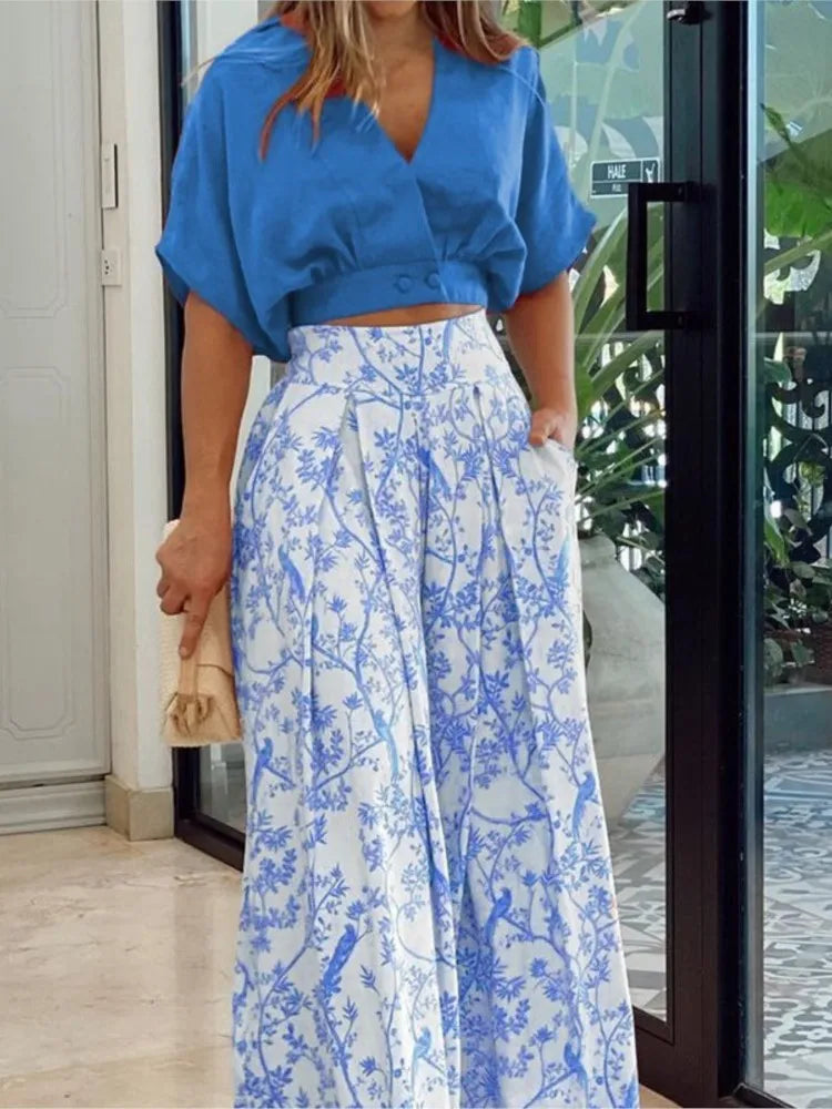 Women Bell Bottom Pants Sets Solid Color Half Sleeve V-neck Shirt Printed Top Wide Leg Pants Summer Fashion 2 Piece Set Clothing