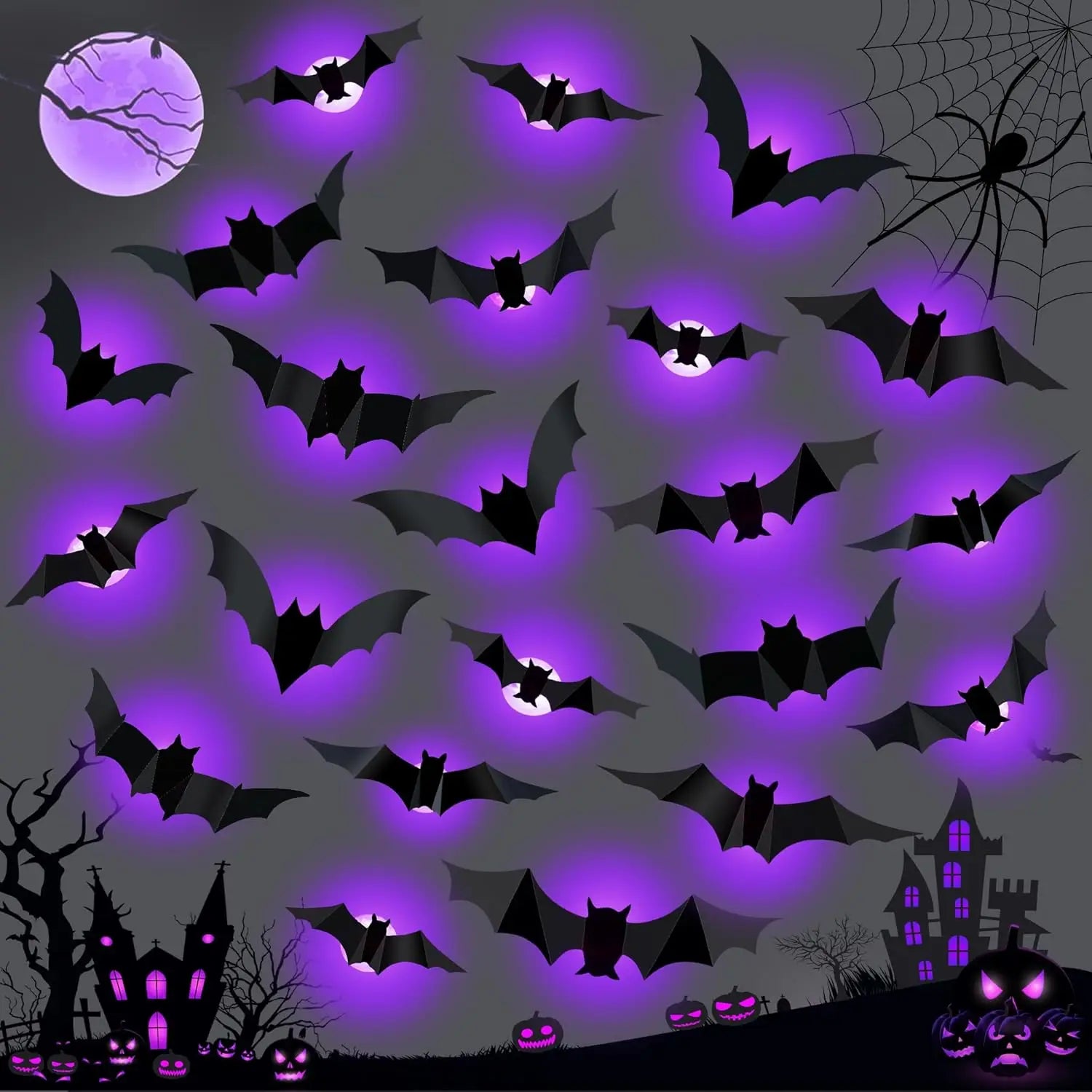 Halloween Bat Decor Night Light 3D Purple Lights Wall Sticker for Self-adhesive Decor Garden Backyard Halloween Party Decoration