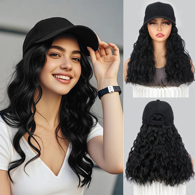 Synthetic 18Inch Long Curly Elegant Black Baseball Cap Hat Wig Heat-Resistant Hair Easy Wear Versatile for All Occasions