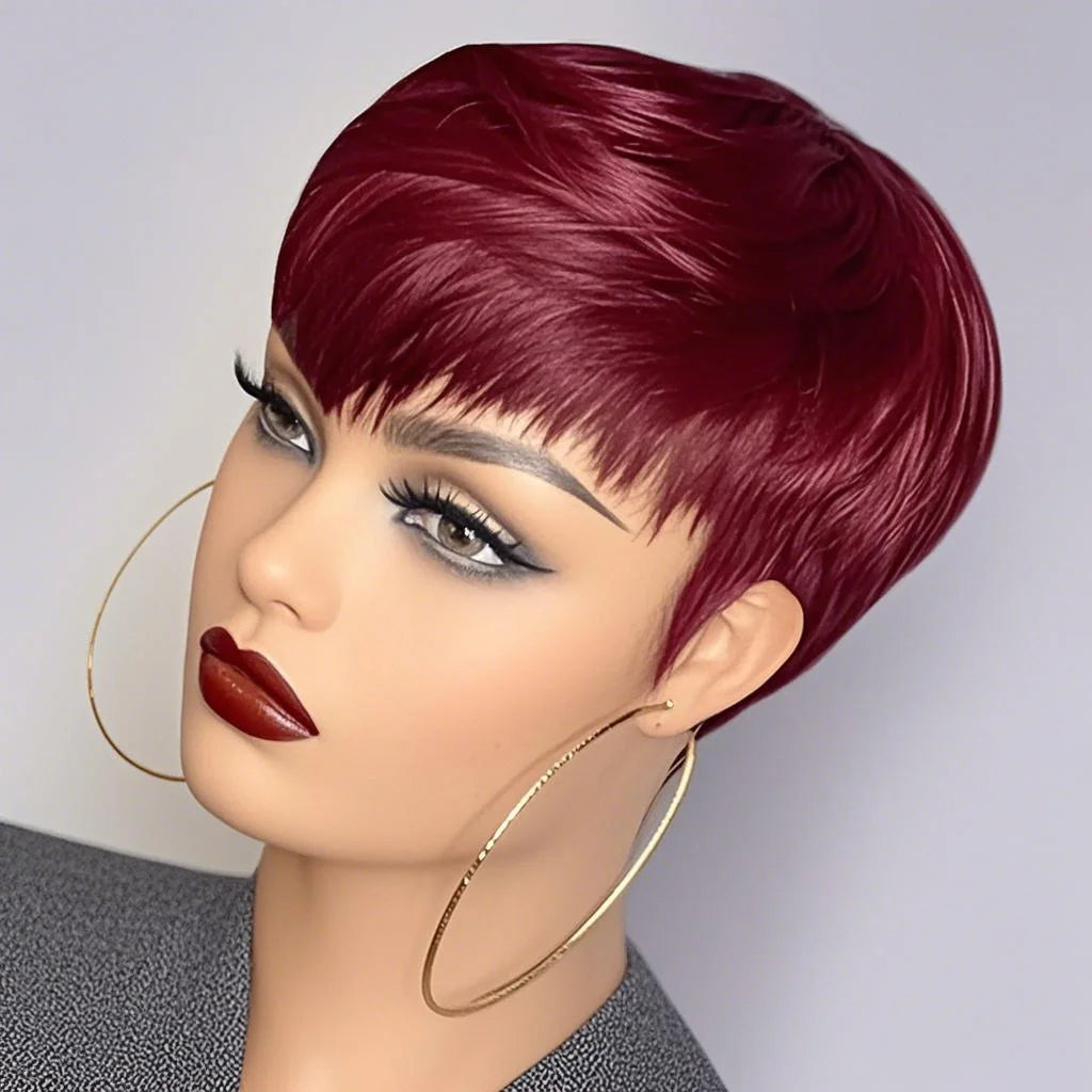 Short Pixie Cut Straight Wig Human Hair for Women Machine Made with Pre-Styled Bangs Tangle-Free Natural Hairline 180% Density 6inch