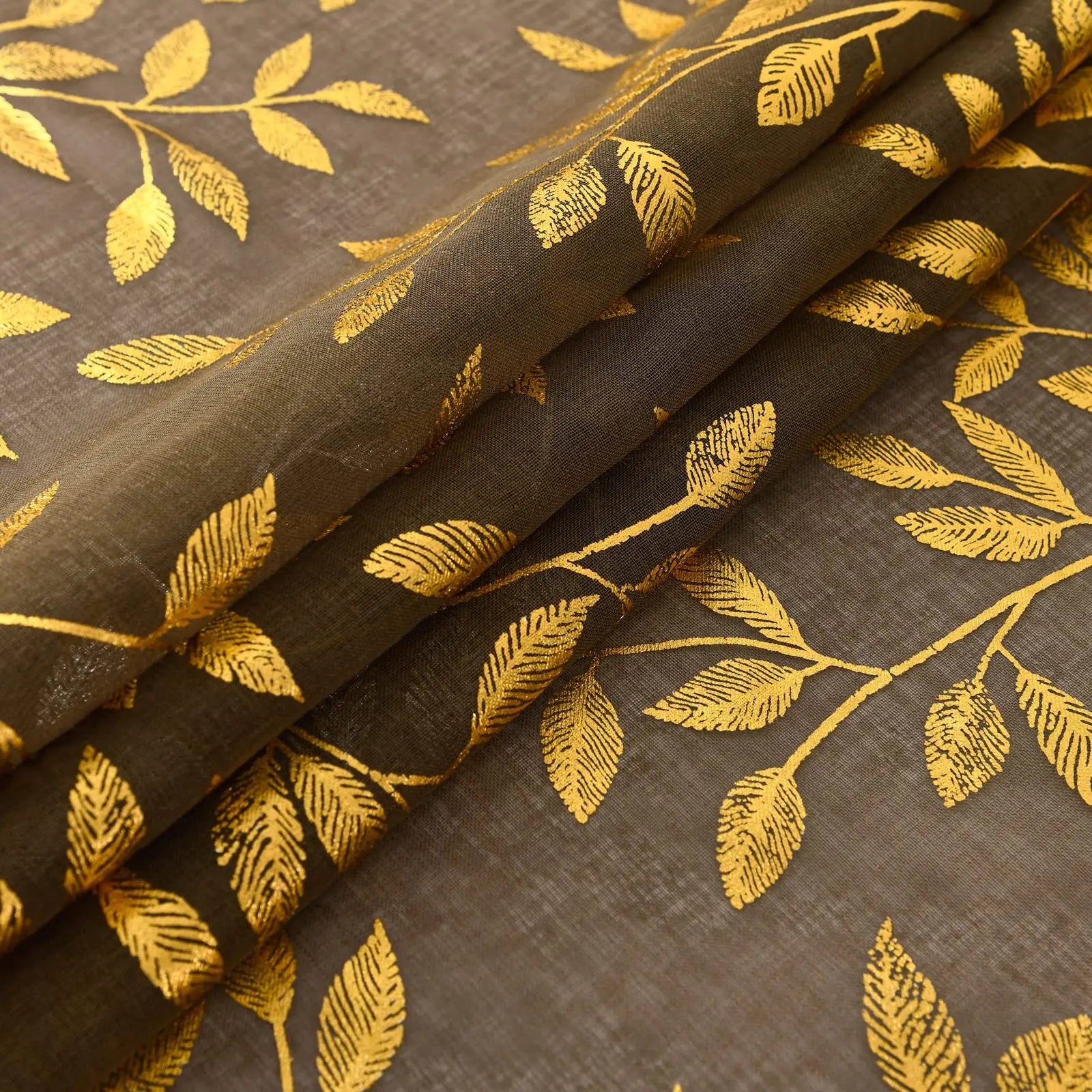 Taupe Gold Leaf Sheer Curtains (Pair)