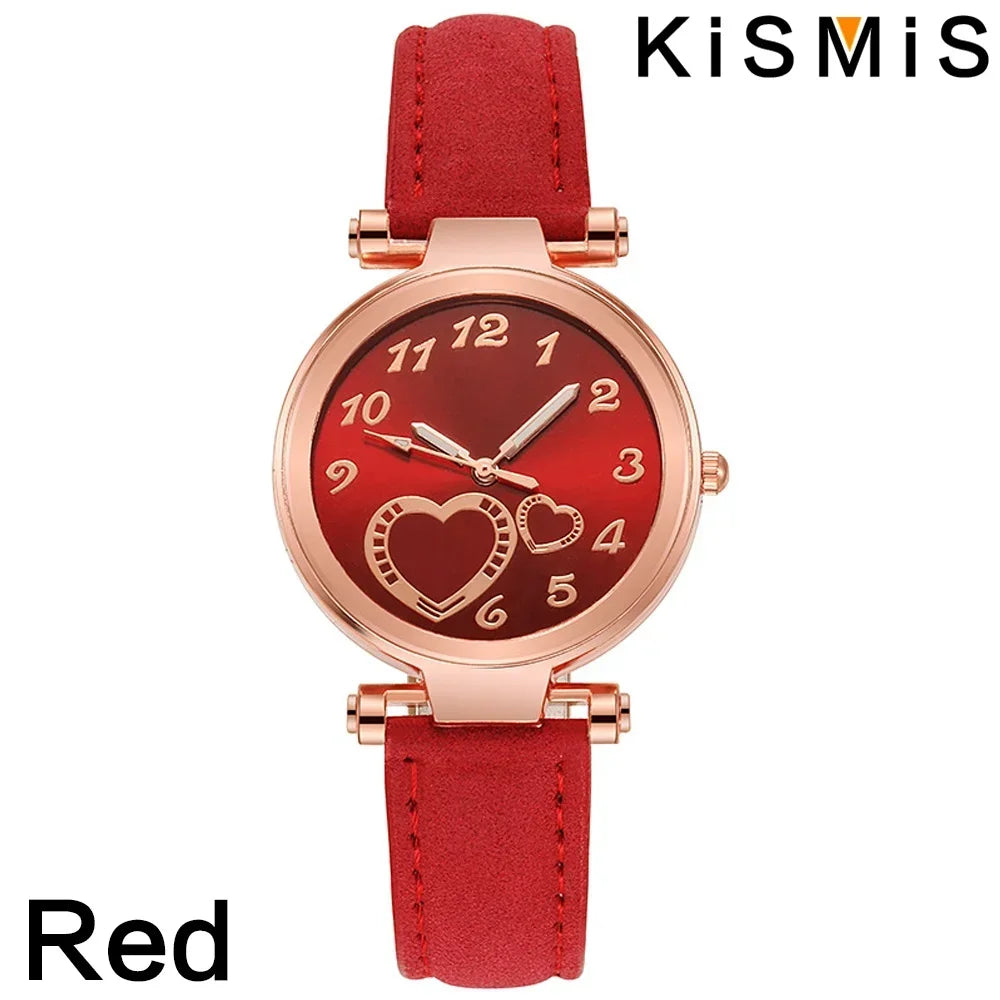 Women Fashion Watch Peach Heart Quartz Watch for Women Frosted Leather Strap Ladies Wristwatch Casual Dress Watch Gift for Her