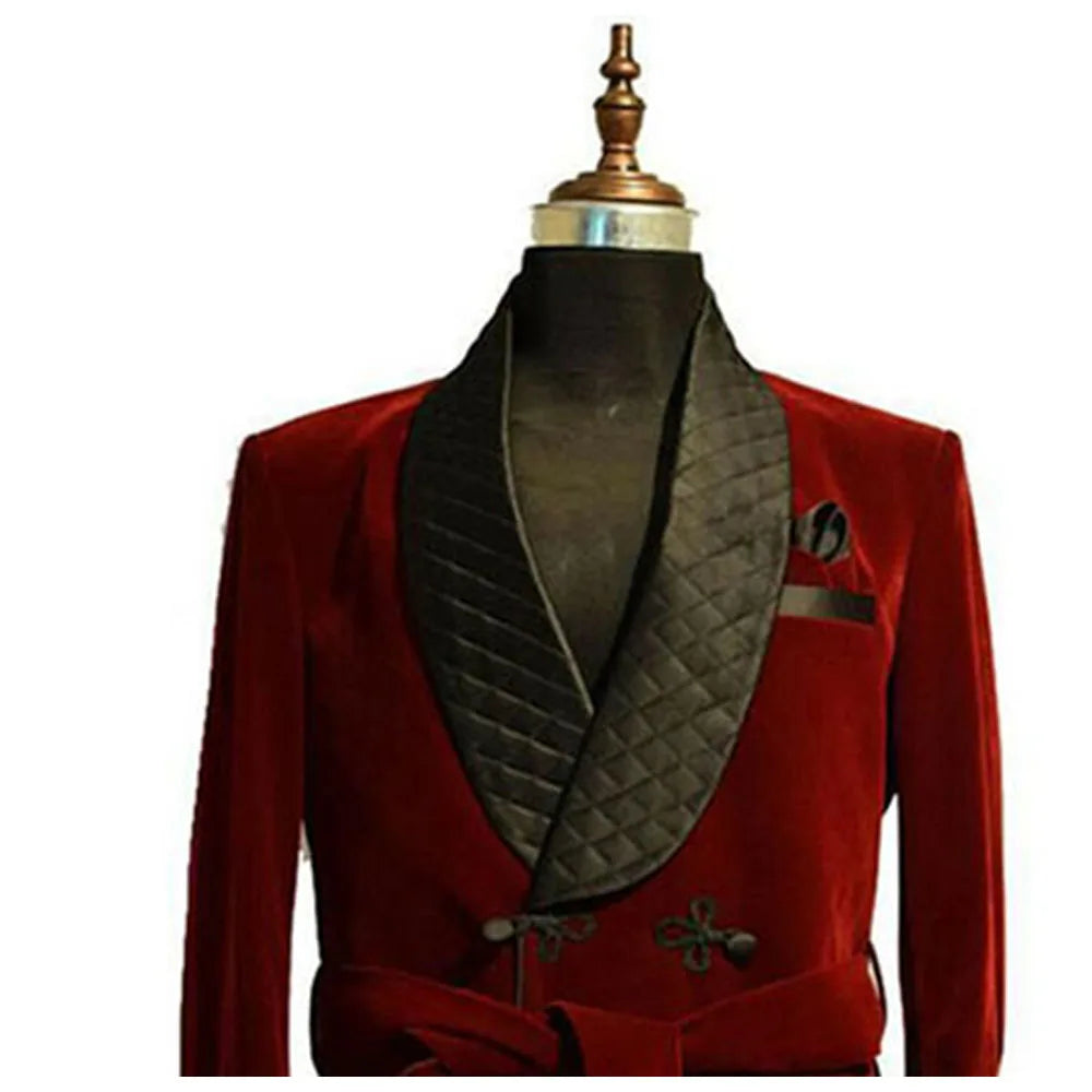 Smoking Men Suits Burgundy Velvet Long Blazer Black Shawl Lapel Coat Formal Elegant 1 Piece Jacket Costume Homme Male Clothing