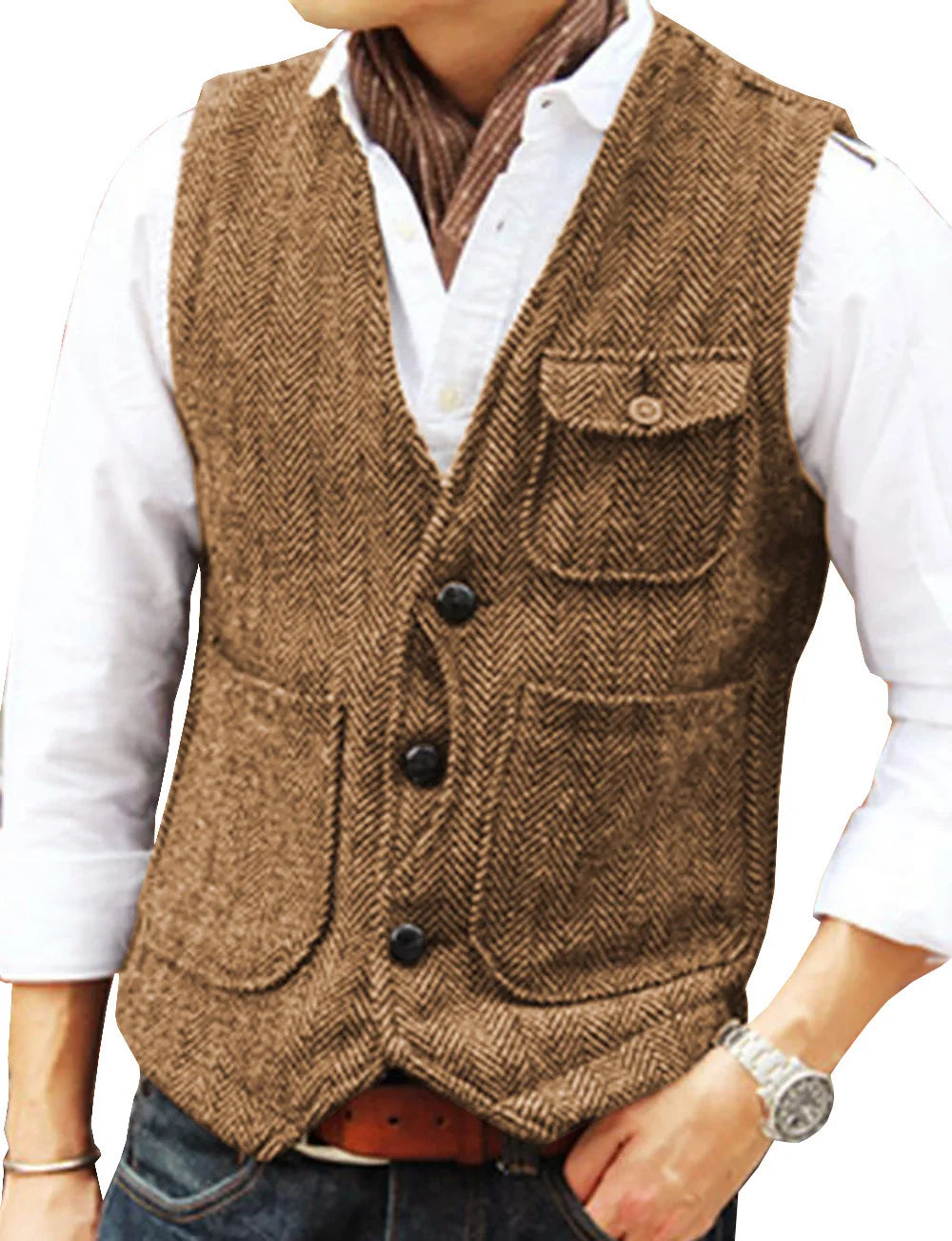 Vest Men's Casual Tooling Formal Herringbone Tweed Brown V Neck Wool Waistcoat Business Vest Groomsman For Wedding Prom