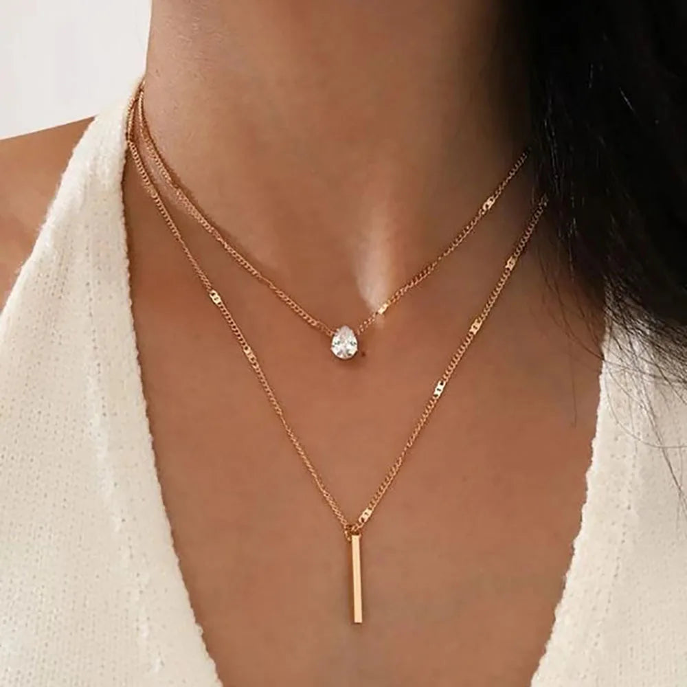 Vintage Shiny Crystal Droplet Pendant Collar Necklace 2023 Simple Multi layered Gold Color Metal Girls Fashion Jewelry Wholesale