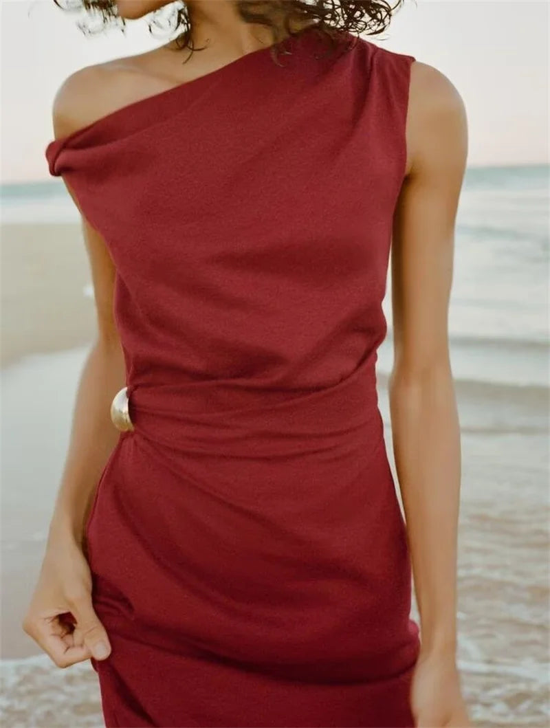 Women's New Dress Summer Red Linen Blend Pleated Midi Dress Irregular Collar Design Sexy Fashion Sense of Luxury