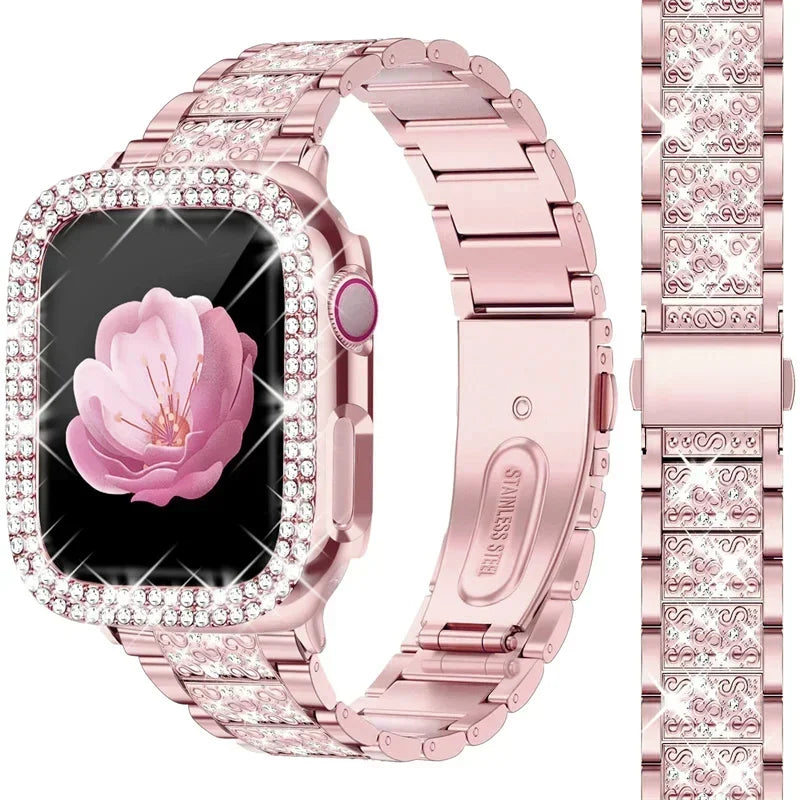 NEW Diamond case+Strap For Apple Watch Band 41mm 38mm 42mm  45mm 40mm 44mm Metal Belt IWatch Series 9 8 7 SE 6 5 Women Bracelet