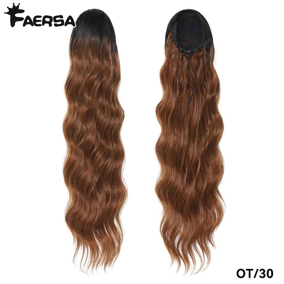 Queue de cheval à cordon de serrage de 28 pouces Extensions de cheveux synthétiques pour femmes noires Longue queue de cheval ondulée à clipser haute température pour femme afro