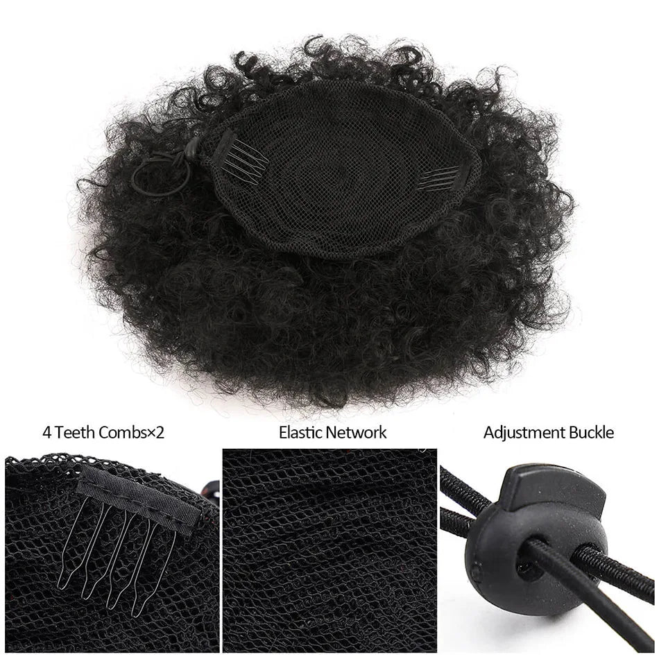 Queue de cheval Afro Puff à cordon, extension de cheveux synthétiques, noire, marron, à clip, queue de cheval frisée crépue à cordon.