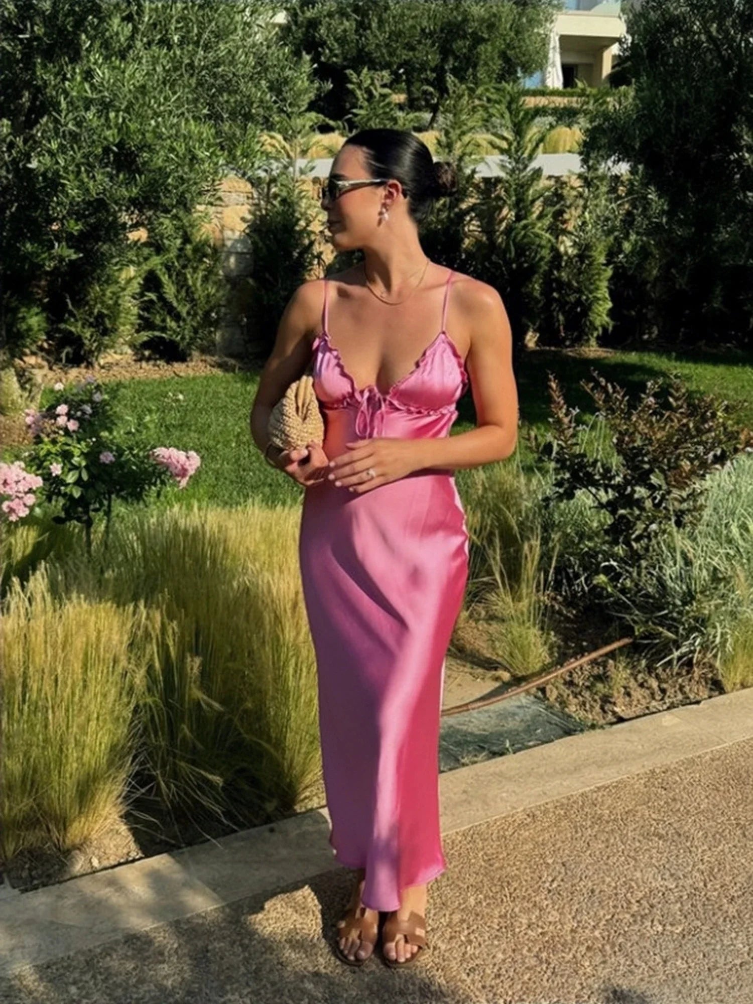 women's clothing summer new beach style fashion temperament elegant satin texture ruffled sling midi dress 3573/331