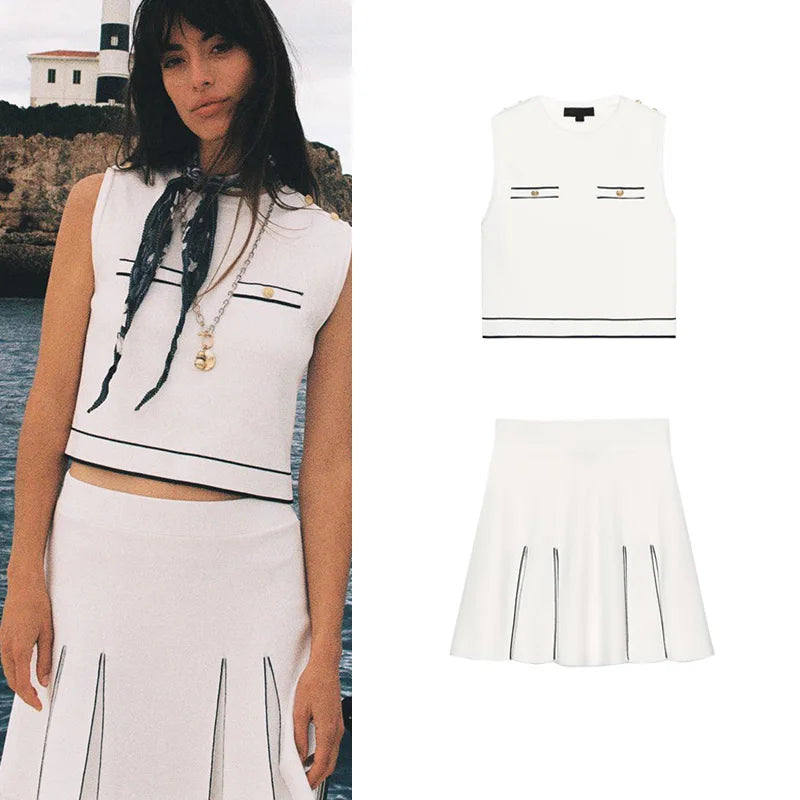 Casual Knitted Svel round Ne Top with Color Blo  High Waist  Skirt Two Piece Set Summer Faion Women's Wear