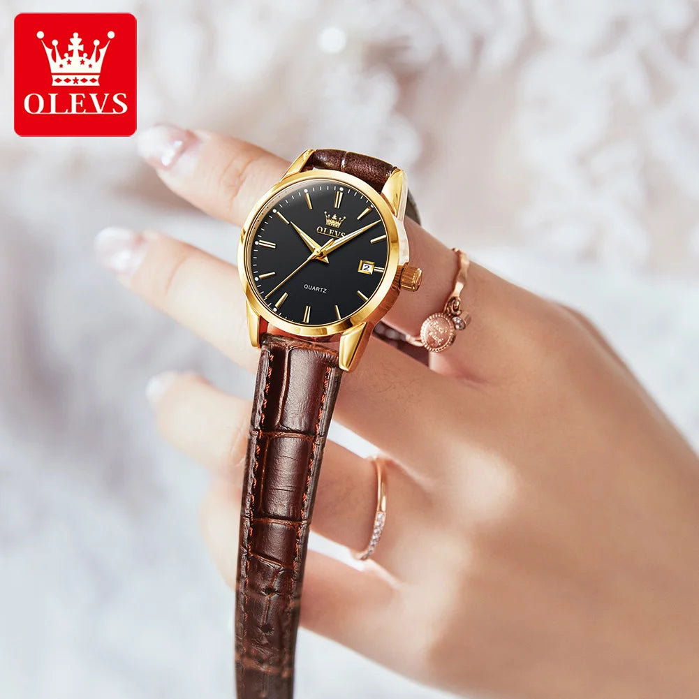 OLEVS 6898 Womens Watch Original Fashion Brand Quartz Wristwatch Waterproof Luminous Leather Strap  Dual Calendar Ldies Watch