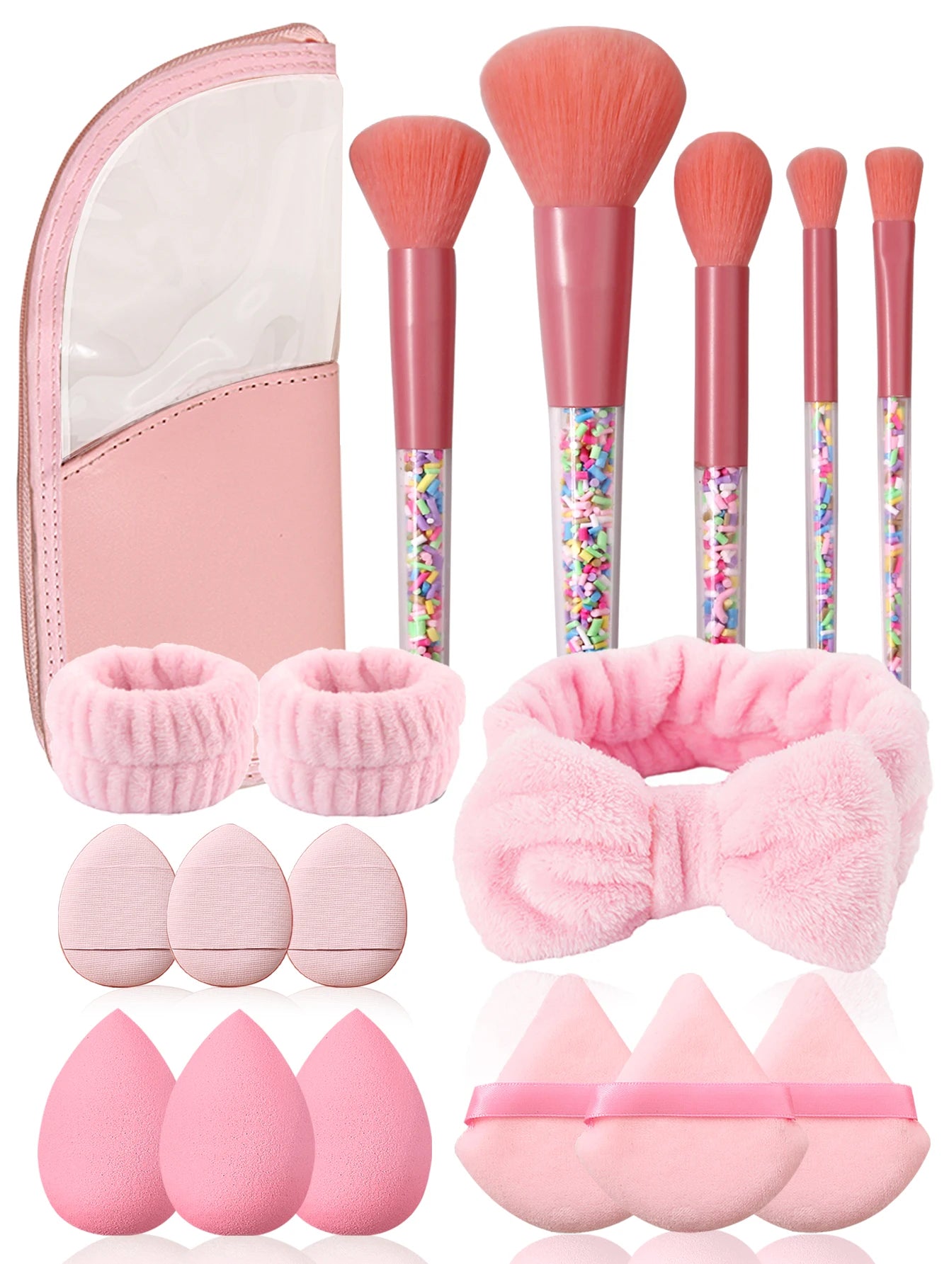 Pink Series Makeup Tools Kit Party Makeup Brushes Blender Sponges & Storage Bag , Bowknot Headband Wristbands