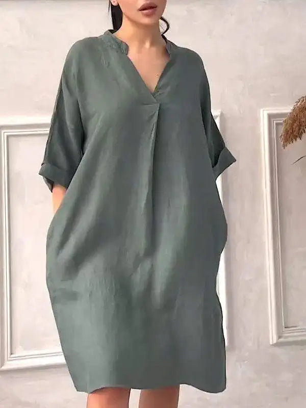 Fashion Cotton And Linen Women's V-neck Loose Dress Spring And Summer Solid Color Casual Short Sleeved Pocket Midi Dresses
