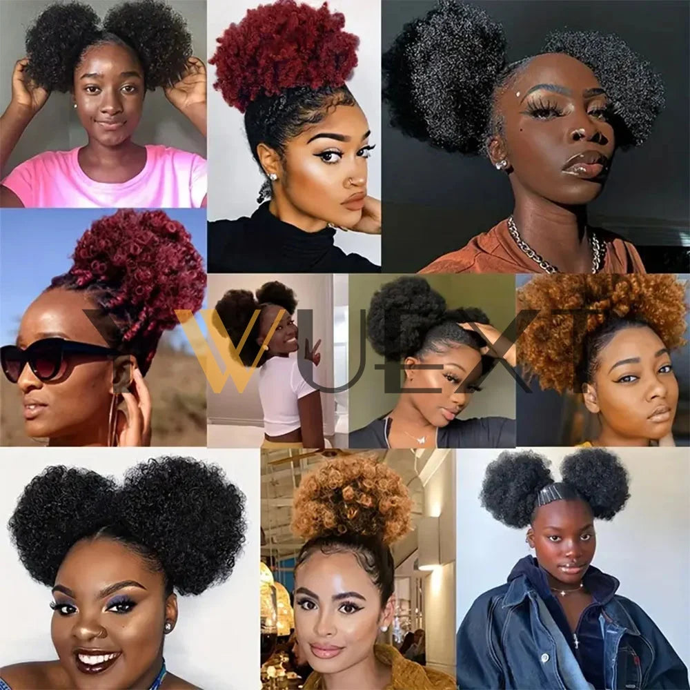 Afro Puff Ponytail 4-6 Inch Human Hair Puff Ponytail Hair Extensions Clip On Kinky Drawstring Curly Ponytail Bun Durable Natural Soft And Smooth Hairpiece Kinky Curly Bun Hair Clip In Drawstring Curly Ponytail Bun