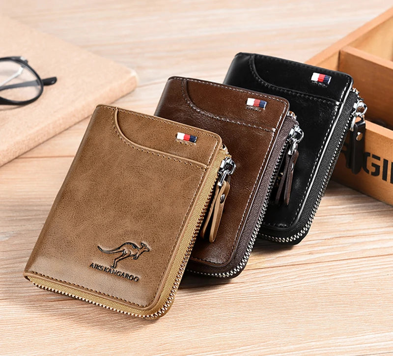 Cartera de cuero para hombre, tarjetero de negocios con cremallera, carteras de lujo para hombre, protección RFID, cartera masculina de lujo