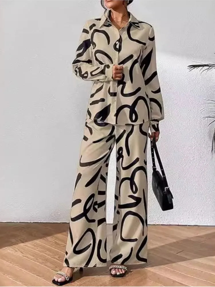 Women Clothing  Autumn New Fashion Print Set Casual Button Collar Shirt Long Sleeved Wide Leg Pants Long Pants Two-piece Set